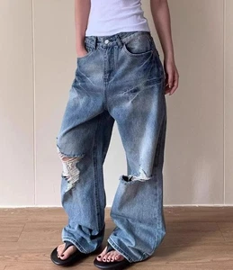 Damen Blue Denim Jeans Straight Leg Ripped Knielöcher Loose Fit Hose Trousers - Bild 1 von 6