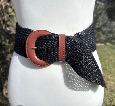 VTG High Waisted Black Belt Size L Stretch Wide Braided Cotton & Leather - Image 1 of 4