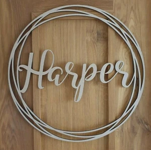 Personalised Script Name Hoop Circle Sign Wall Plaque Wood MDF Nursery Decor - Picture 1 of 2