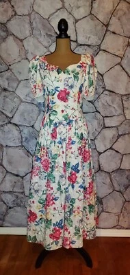 Vestido Cottagecore Vintage Años 80 Jessica McClintok Nupcial Estampado Floral Lazo Espalda Talla 7/8 Foto 1 de 4