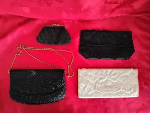Lot 4 Vintage Clutch Purses Beaded Sequins Black White Coin Handbag Chain Prom - Picture 1 of 16