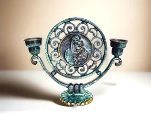Vintage 2 Candle Verdigris Bronze Holder, Israel Mary & Jesus Nazareth, 5-3/4" - Picture 1 of 11
