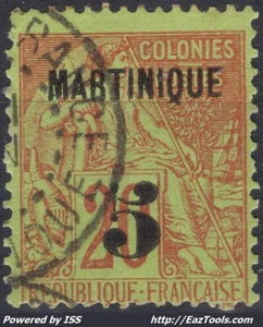 MARTINIQUE ALPHEE DUBOIS 5c SUR 20c BRIQUE SUR VERT N° 1 AVEC OBLITERATION - Picture 1 of 2
