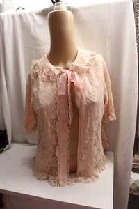 Vint. Odette Barsa Pink Regency Lace&Bow Sissy Babydoll PrincessBed Jacket 60'sS - Picture 1 of 5