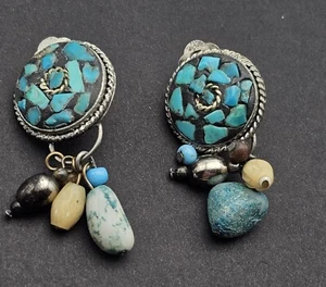 Paar Nachlass Ohrringe Clip-on Dangles blau Stein Einstellung unsigniert - Bild 1 von 6