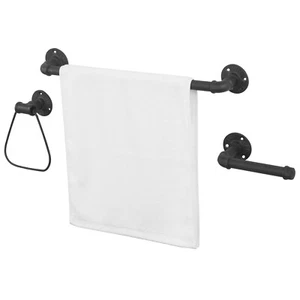 3 Piece Wall Mounted Black Metal Bathroom Towel Ring and Towel Bar, Towel Rack - Picture 1 of 6