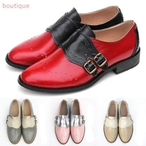 Mujeres Niñas Vintage Cuero Monje Correa Hebilla Mocasines Oxford Pisos Brogue Zapatos - Imagen 1 de 19