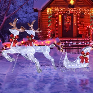 Set of 2 Reindeer with Sleigh Christmas Outdoor Decoration with Pre-lit 270 LEDs - Picture 1 of 8