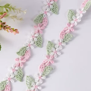 1-inch-wide embroidered Pink Green Lace Trim Flower price per yard - Picture 1 of 1