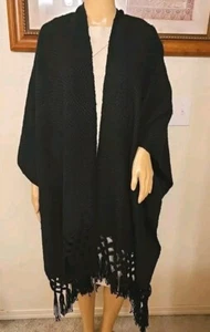 Artesanias 100% Wool Black Knit Long Shawl Fringe Boho Soft Warm One Size - Picture 1 of 18