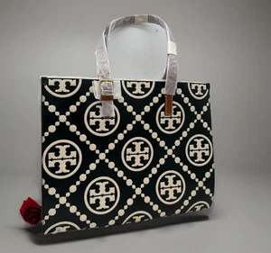 Borsa grande AUTENTICA NUOVA CON ETICHETTE Tory Burch T monogram in pelle color block goffrata - BLK🌹NUOVA - Foto 1 di 20