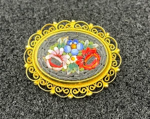 Vintage Italian Micro Mosaic Brooch Floral Oval Pin Gold Filigree Made in Italy - Picture 1 of 6