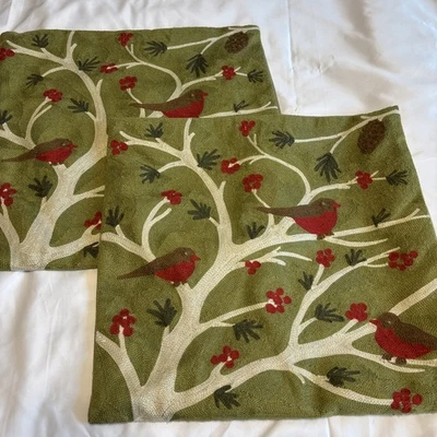 Lot of 2 Pottery Barn Crewel Embroidery Holiday Bird Cardinal Pillow Covers 18" - Image 1 of 4