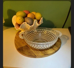 Vintage Hobnail Milk Glass Opalescent 6" Candy Dish with Handles - Picture 1 of 2