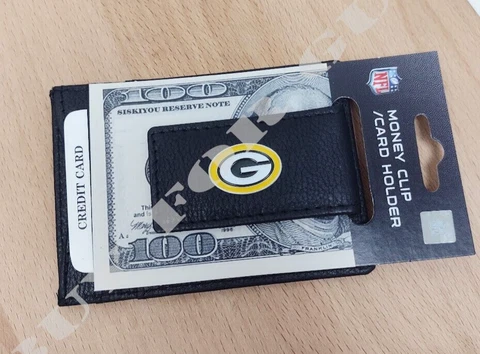 Green Bay Packers Black Leather Money Clip Wallet - Magnetic - Mens NFL Wallet Cover