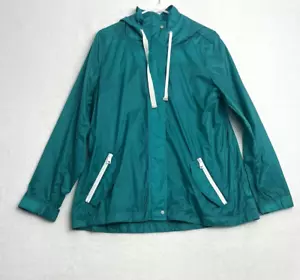 T By Talbots Hooded Windbreaker Size Large Green Full Zip Rain Jacket Pockets - Picture 1 of 13