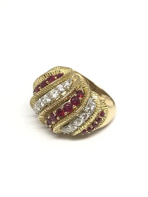 Bague ancienne en or jaune 18 carats sertie de diamants et rubis , T53 ajustable - Photo 1/4