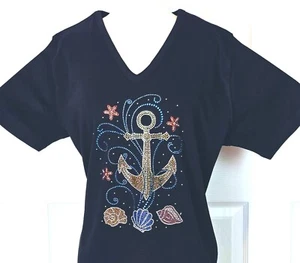 1X 2X or 3X Top Rhinestone Bling Colorful Anchor Seashells Short or 3/4 Sleeve - Picture 1 of 6