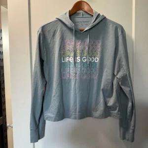 Life is Good Crusher Flex Hoodie Smoky Blue Colorful Spellout Stretchy S - Picture 1 of 6