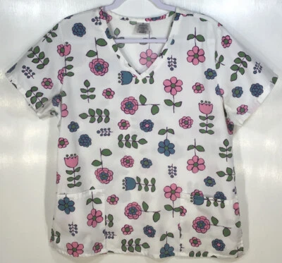 Scrub Top womens size M Medium Flowers white pink blue green uniform scrubs - Image 1 of 4