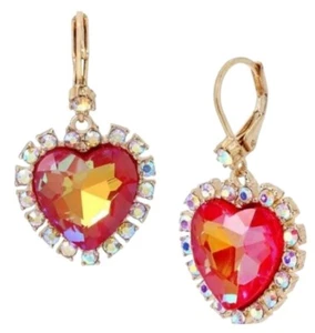 Betsey Johnson Heart drop Earrings Hot Pink Aurora Crystal VALENTINE GIFT - Picture 1 of 5