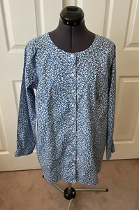 DULUTH TRADING CO Blue Print Crew Neck Button Up Long Sleeve Blouse Top L - Picture 1 of 5