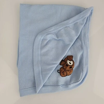 Swiggles Brown Blue Cotton Thermal Baby Boy Blanket Satin Puppy Dog 25x28" - Image 1 of 4