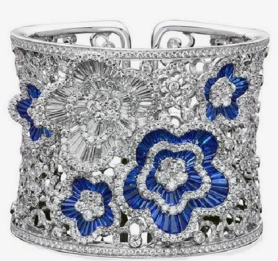 Beautiful 49.20CT Blue Sapphire With CZ 935 Argentium Silver Women Cuff Bracelet - Image 1 of 4