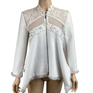 Alberto Makali New York White Lace & Mesh Zip-Up Jacket Size Medium Fringe - Picture 1 of 8