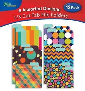 New Generation - 12 Pack Decorative 1/3 Cut Tab File Folders Patterns Designs . - Picture 1 of 7