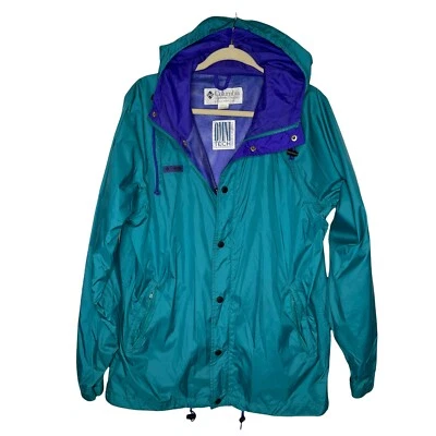 Chaqueta cortavientos vintage Columbia con capucha verde azulado púrpura Omni Tech años 90 para hombre M Foto 1 de 4