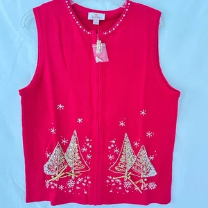 Quaker Factory  Vest Women M Red Embroidered Trees Zipper Front Holiday Sweater - Picture 1 of 4