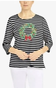 Alfred Dunner Petite Weihnachtskranz gestreift Baumwollmischung Top Größe PL Neu mit Etikett - Bild 1 von 7