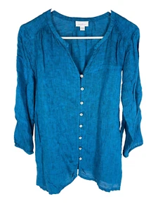 Camicia J. JILL P blu medio con bottoni costa tranquilla lusso 100% lino resort - Foto 1 di 4