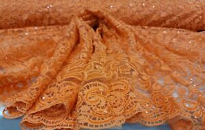 Orange Embroidery Lace Floral Flowers Clear Sequin Fabric By The Yard Scalloped 