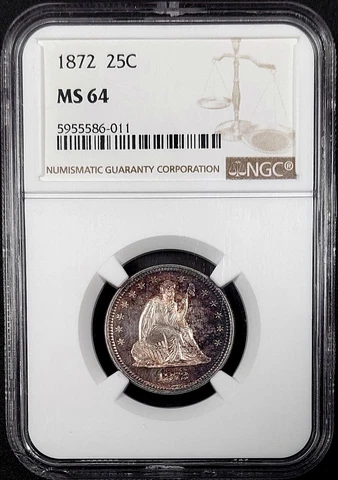 1872 Seated Liberty Quarter certified MS 64 by NGC! A toned beauty! Cover
