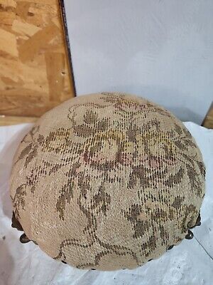 Vintage Small 10  Round Needlepoint Floral Tapestry Brass Leg Ottoman Foot Stool • 115.18$