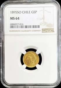 1895 SO GOLD CHILE 5 PESOS STANDING LIBERTY COIN SANTIAGO MINT NGC MINT STATE 64 - Picture 1 of 2