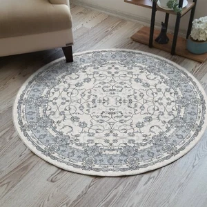 Muted Oushak Rug, Round Boho Floral, Traditional Turkish, Pastel Blue White Area - Picture 1 of 4