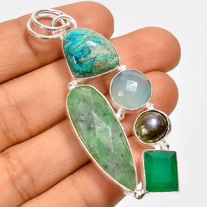 Green Aventurine Chrysocolla Gemstone 925 Silver Handmade Pendant 2.4" ARP-3315 - Picture 1 of 3