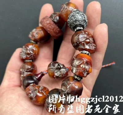 Nuevo Tibet Yak Cuerno Tallado Calavera Cabeza Cuentas Pulsera Estatua Amuleto Colección Foto 1 de 4