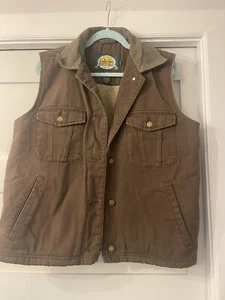 Cabelas Womens Sz M Canvas Rivet Front Vest Sherpa Fleece Lined Leather Collar - Picture 1 of 6