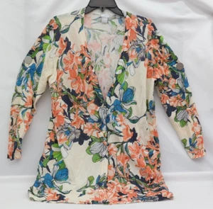 Chicos Womens Cream Floral Pattern Button Front Long Sleeve Cardigan Duster Sz 3 - Picture 1 of 9