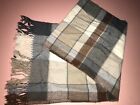 Vintage cream brown & grey plaid check scarf with fringe tassels