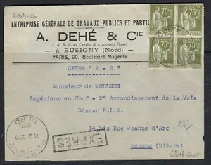 LETTRE EXPRES 1932 BLOC de 4 284A BUSIGNY 59 POUR NEVERS 58 CACHET CIRE A DEHE - Picture 1 of 2