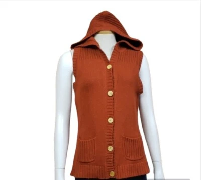 Cárdigan suéter Eddie Bauer con capucha sin mangas naranja óxido talla S botón delantero Foto 1 de 4