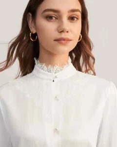 LILYSILK X MIM Lace Silk Blouse With Removable Bow - Afbeelding 1 van 7
