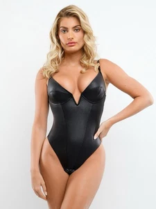 Neu mit Etikett Popilush Kunstleder tiefer V geformter Korsett Body schwarz XXL $ 88 - Bild 1 von 7