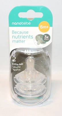 2-Pack NANOBEBE 6m+ Extra Soft Clear Silicone Nipples Fast Flow 3x Vents, NEW - Image 1 of 4