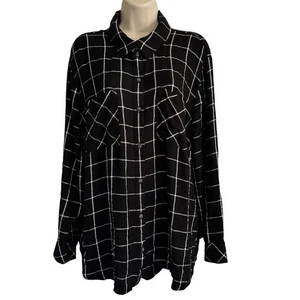 Sanctuary Flannel Shirt Boyfriend Fit Pockets Metallic Check Black Silver Sz 1X - Picture 1 of 9